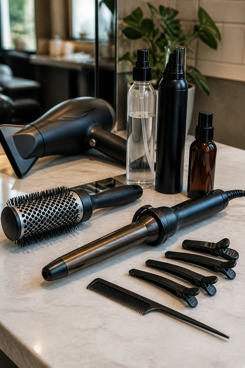 Close-up of essential hair styling tools laid out on a counter.