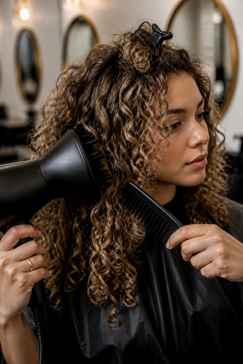Close-up of a real person using a diffuser and wide-tooth comb on babylight curls in a salon.