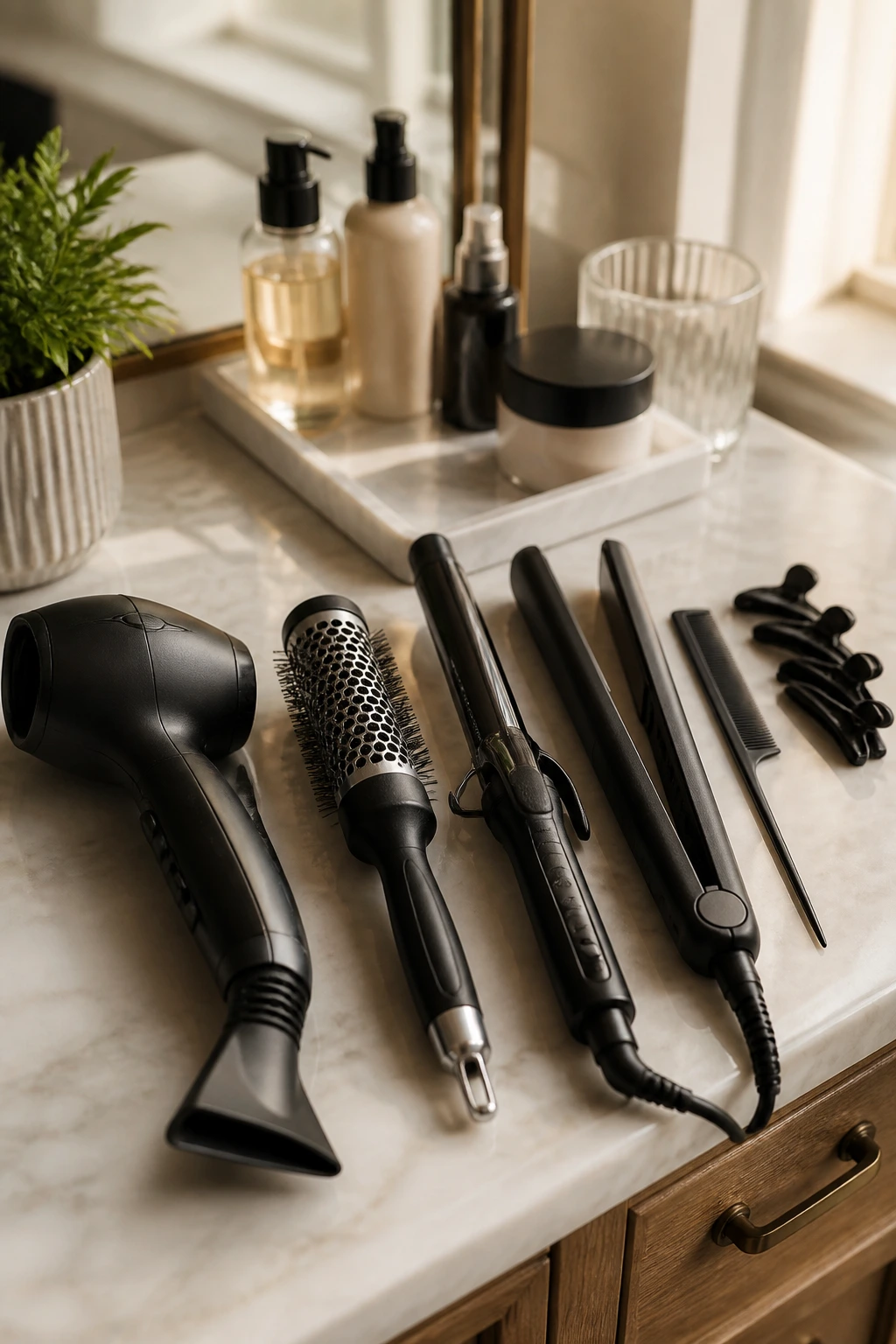 Close-up of styling tools arranged on a vanity.