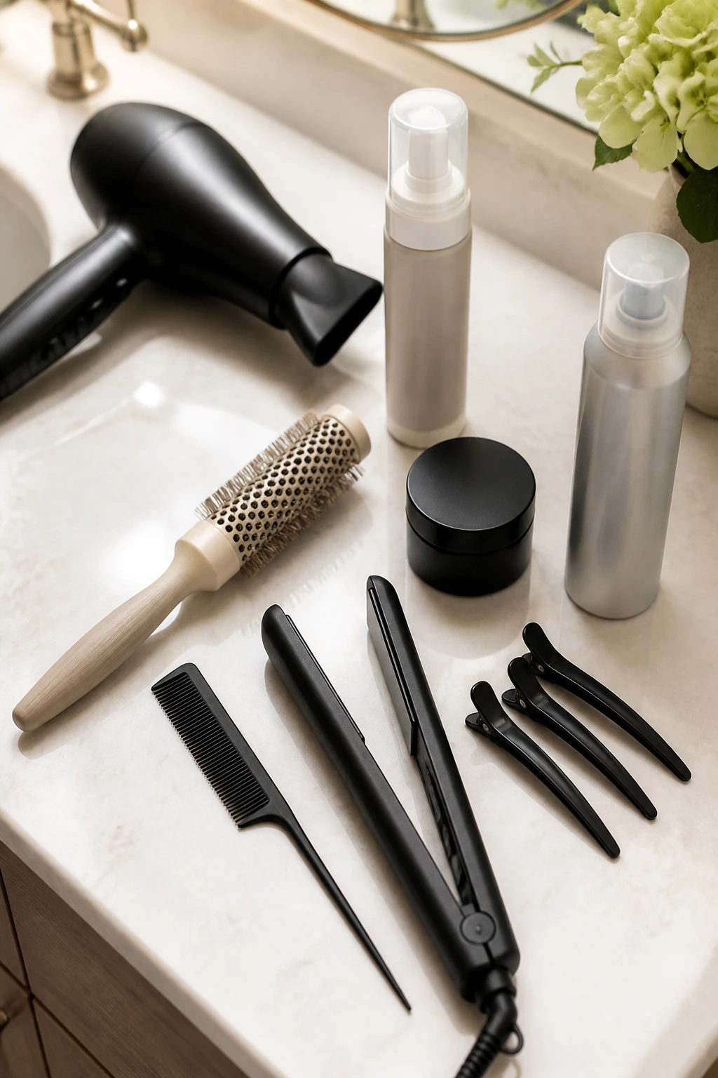 Organized essential hair-cutting equipment on a countertop