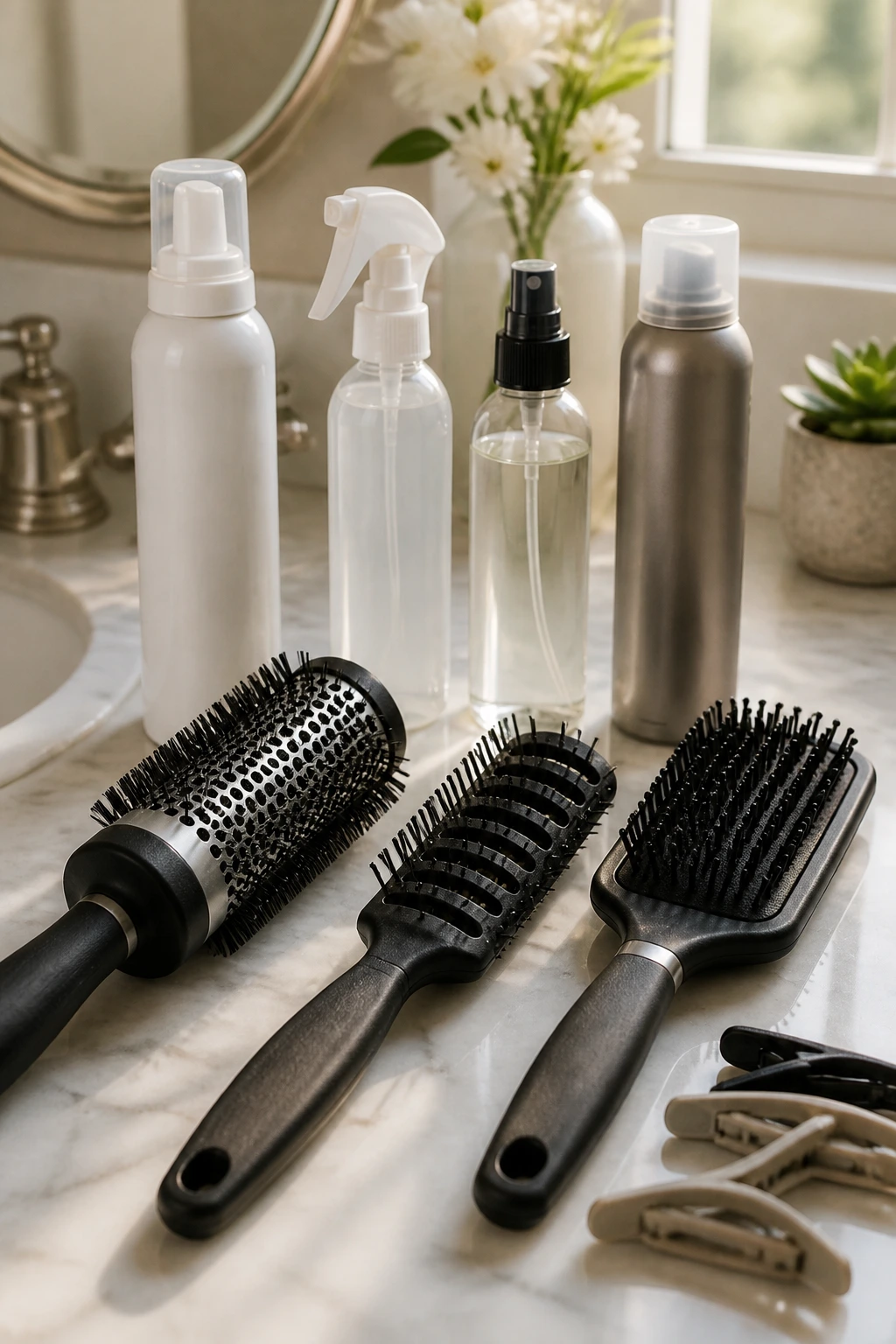 Close-up of hair styling tools on a bathroom counter, arranged for easy maintenance