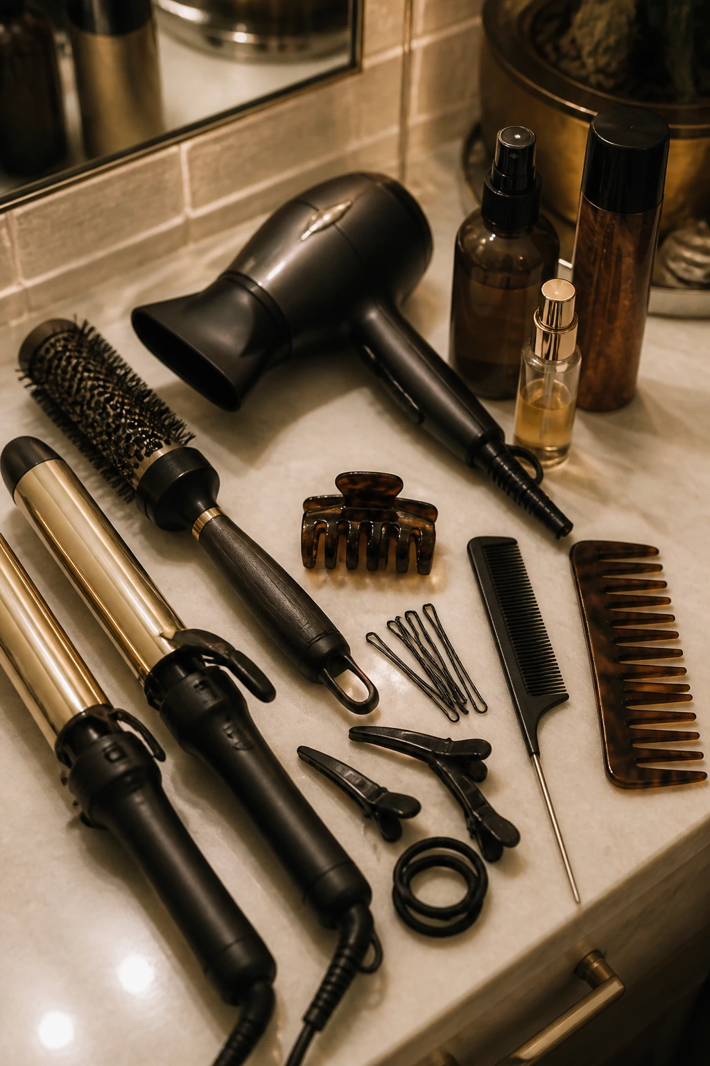 Close-up of professional hair styling tools on a vanity.