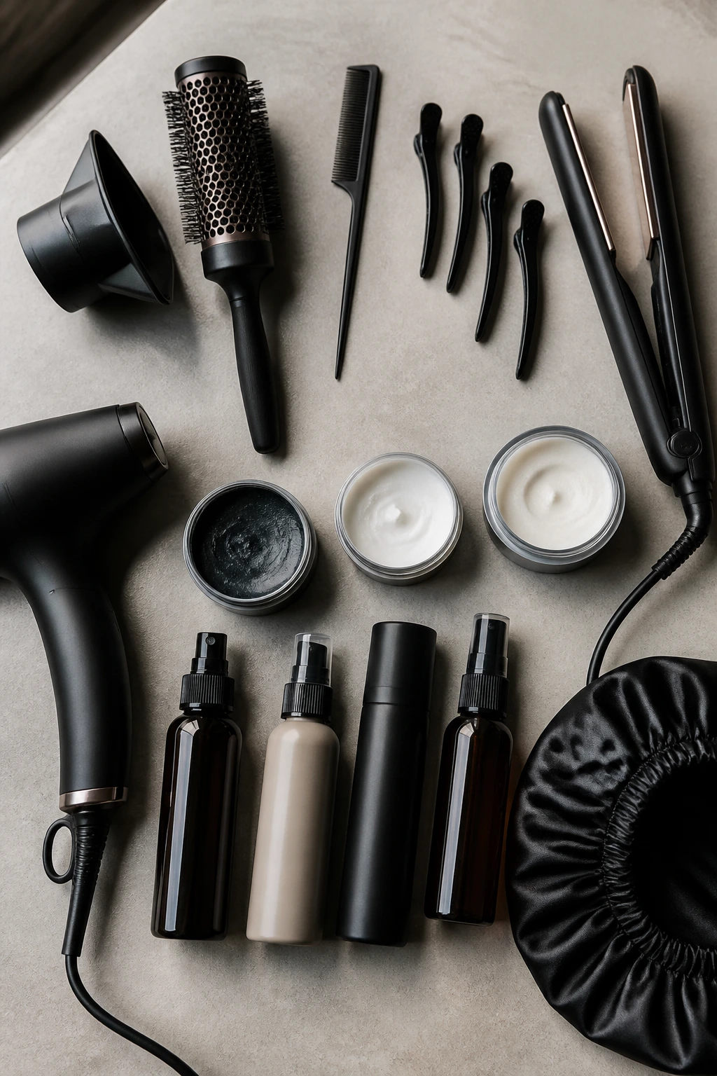 Flat lay of professional hair styling tools for short dark styles.