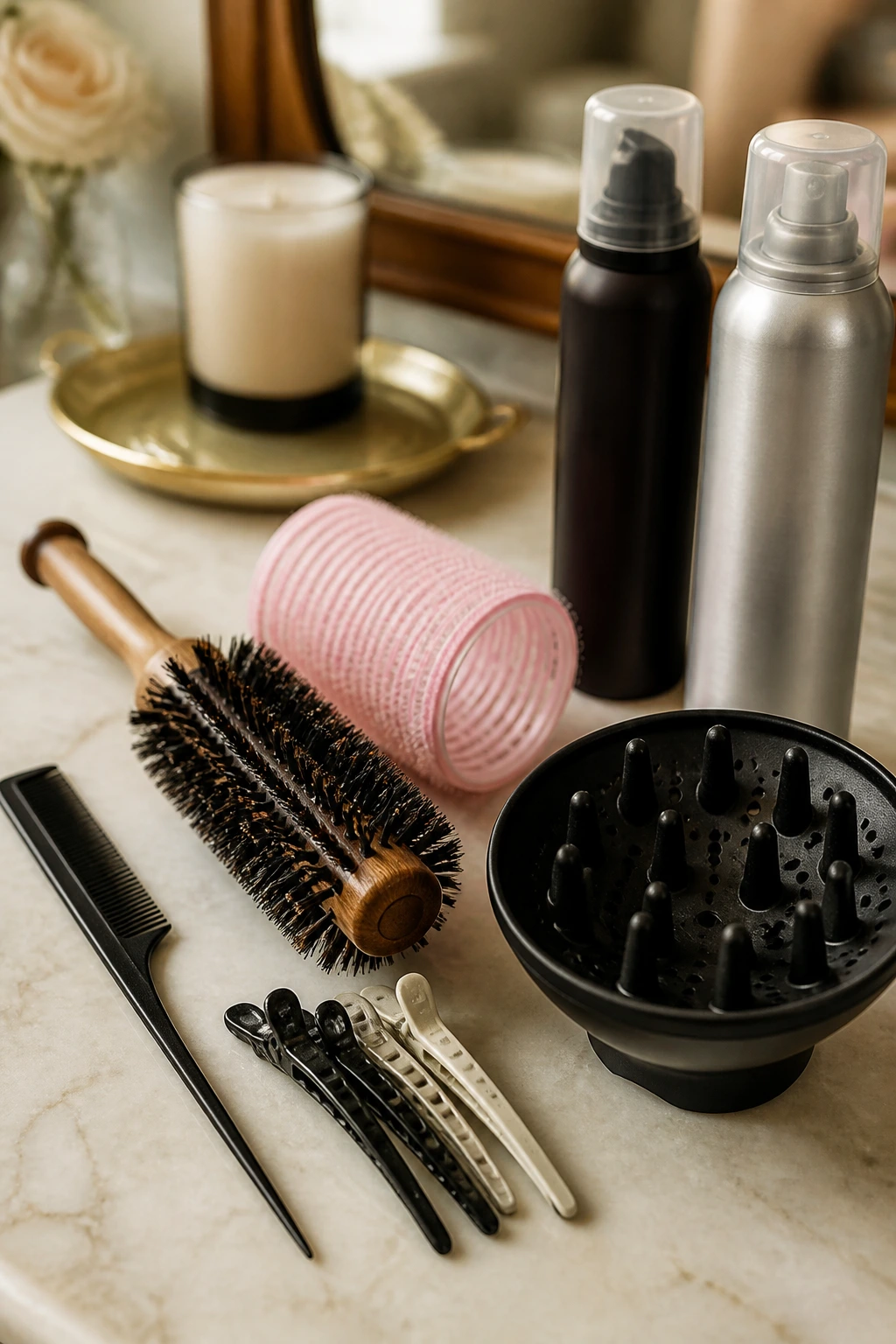 Close-up of styling tools arranged on a vanity for wavy fringe styling.