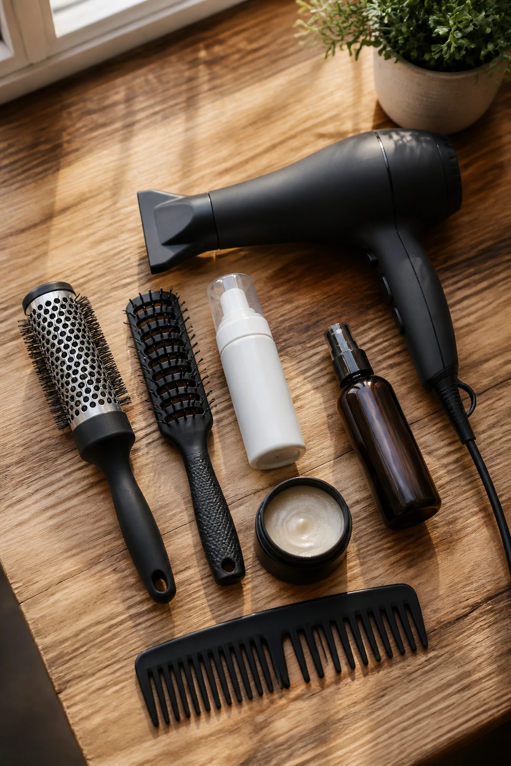 Flat lay of essential hair styling tools for grow-out on wooden surface.