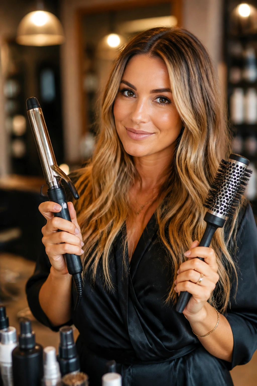 Portrait of a hairstylist with curling iron and brush ready to style honey blonde hair.