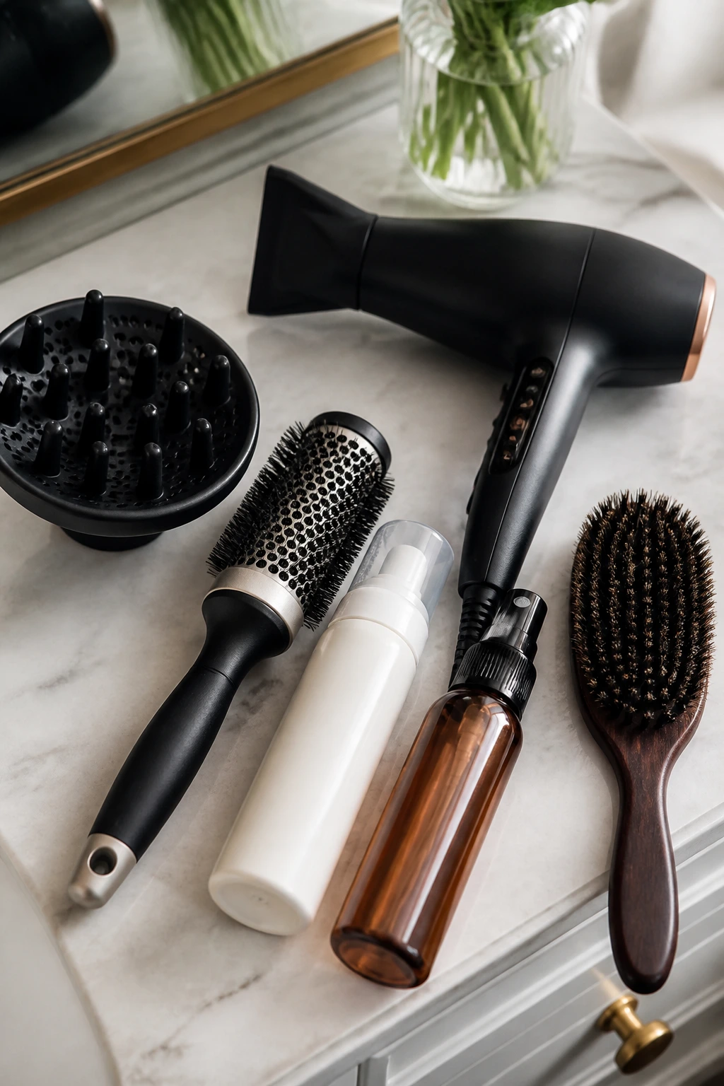 Close-up of a neatly arranged set of hair styling tools on a bathroom counter