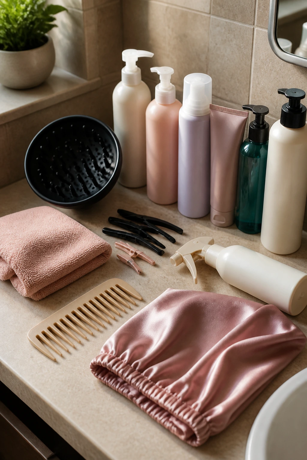 Close-up of essential hair styling tools arranged on counter