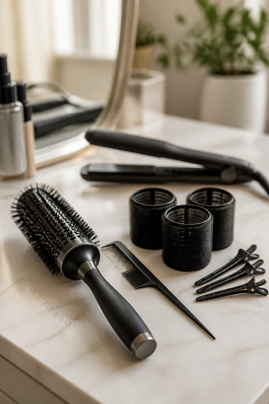 Close-up of assorted hair styling tools on a vanity with soft background light