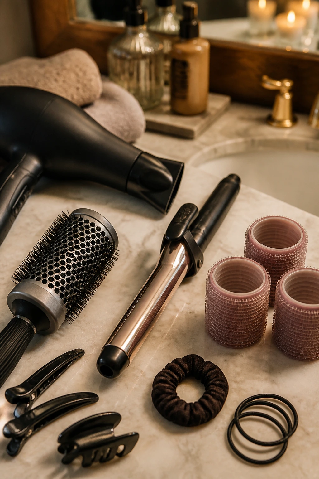 Close-up of hair styling tools on a vanity for thick hair and curtain bangs