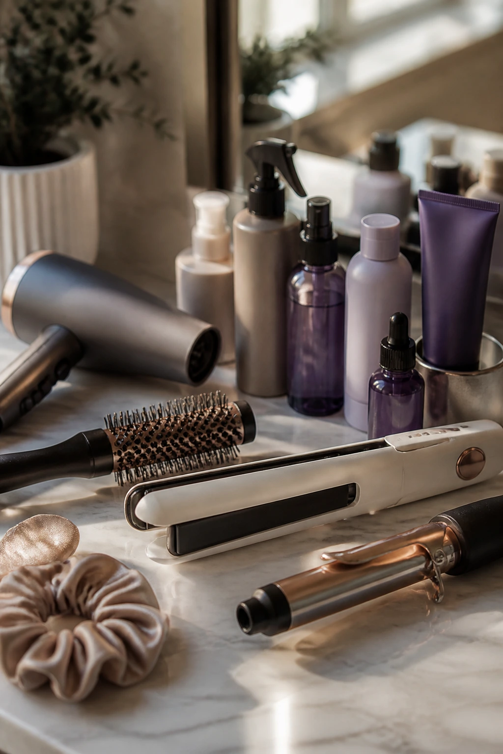 Top-down view of styling tools and color-safe products on a bathroom counter