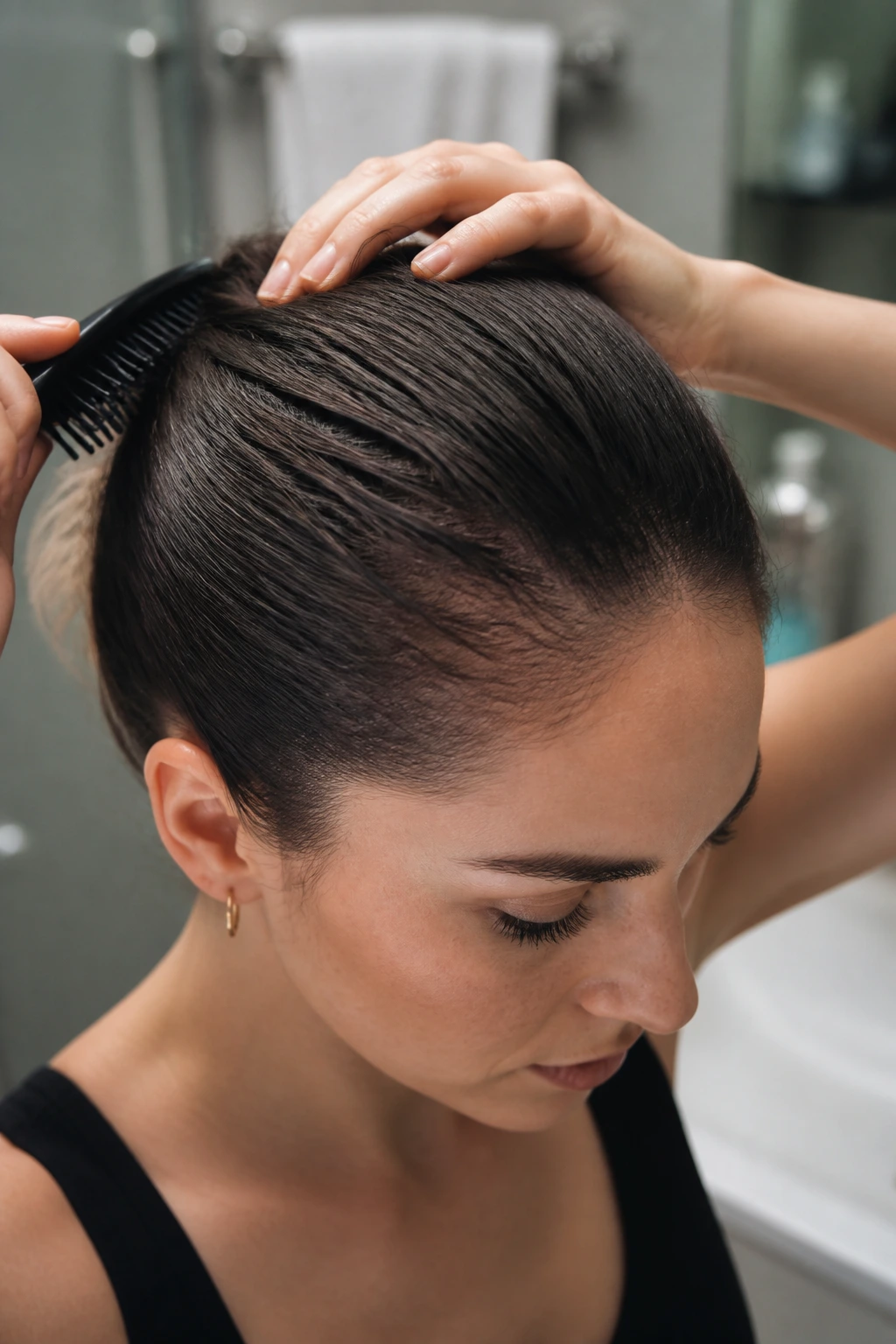 Close-up of hair surface being prepped on a real person, showing dry, textured hair.