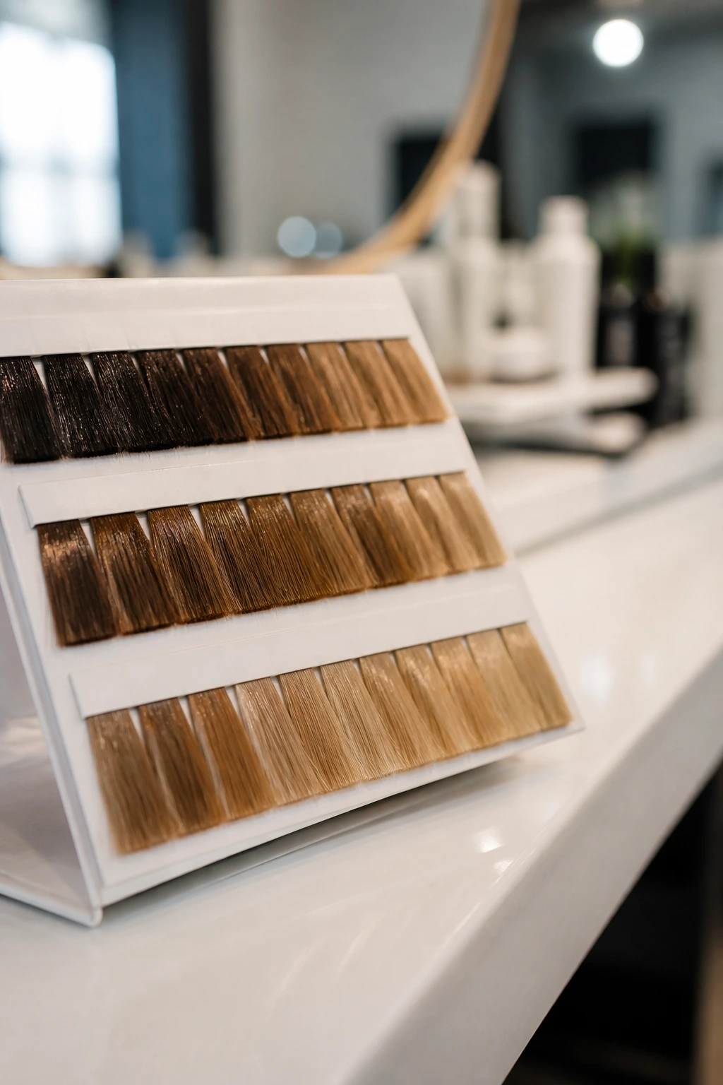 Close-up of a color swatch card with golden brown shades on a salon counter