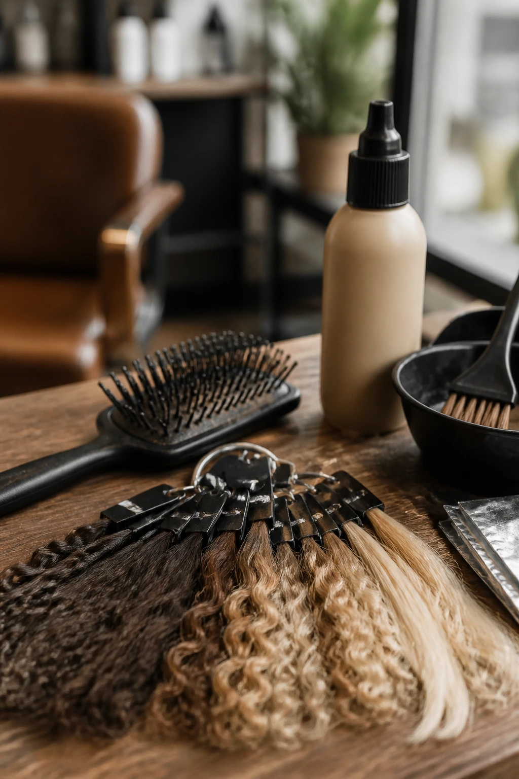 Close-up of hair swatches with a detangling brush and bond-building treatment on a salon counter.