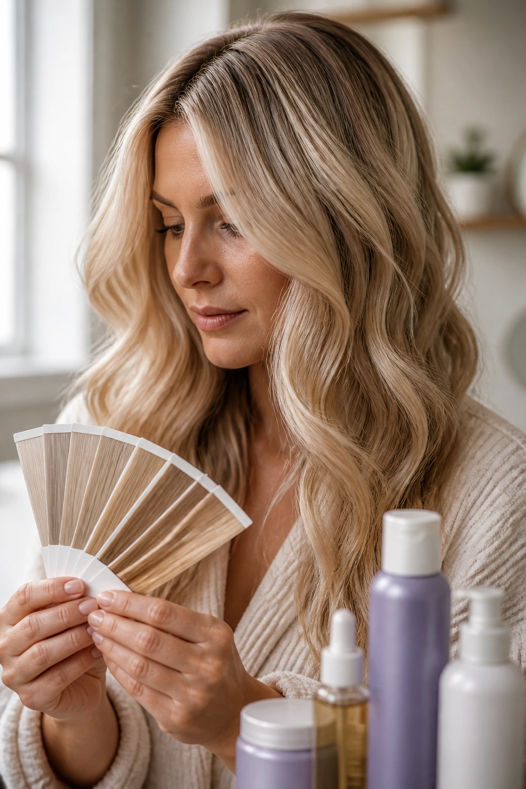 Close-up of a person with champagne beige-gold hair and color swatches in the foreground.