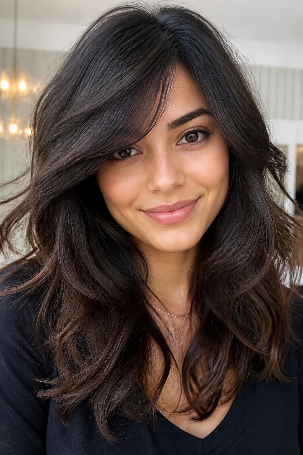 Portrait of a woman with adaptions for varied hair textures in bangs