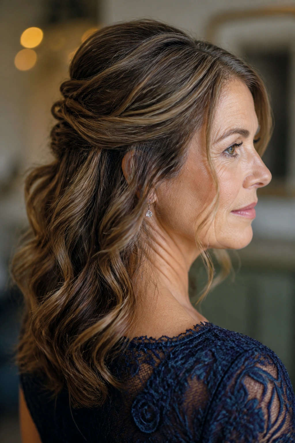 Portrait of a real woman showing textured half-up hairstyle suited to hair type