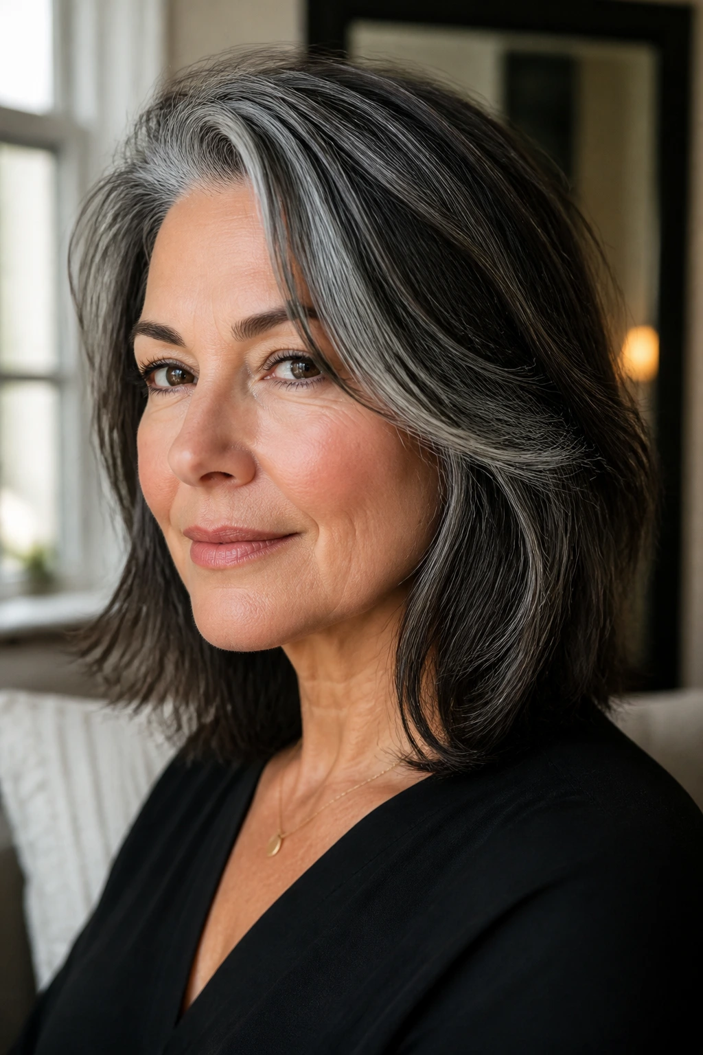 Close-up portrait showing hair texture and cut shape on a real person.