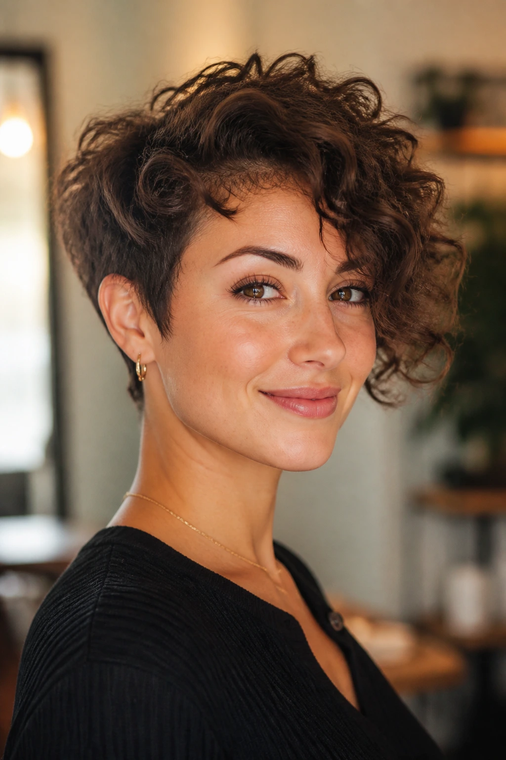 Portrait of a real person with a subtly textured asymmetrical bob demonstrating variation by texture.
