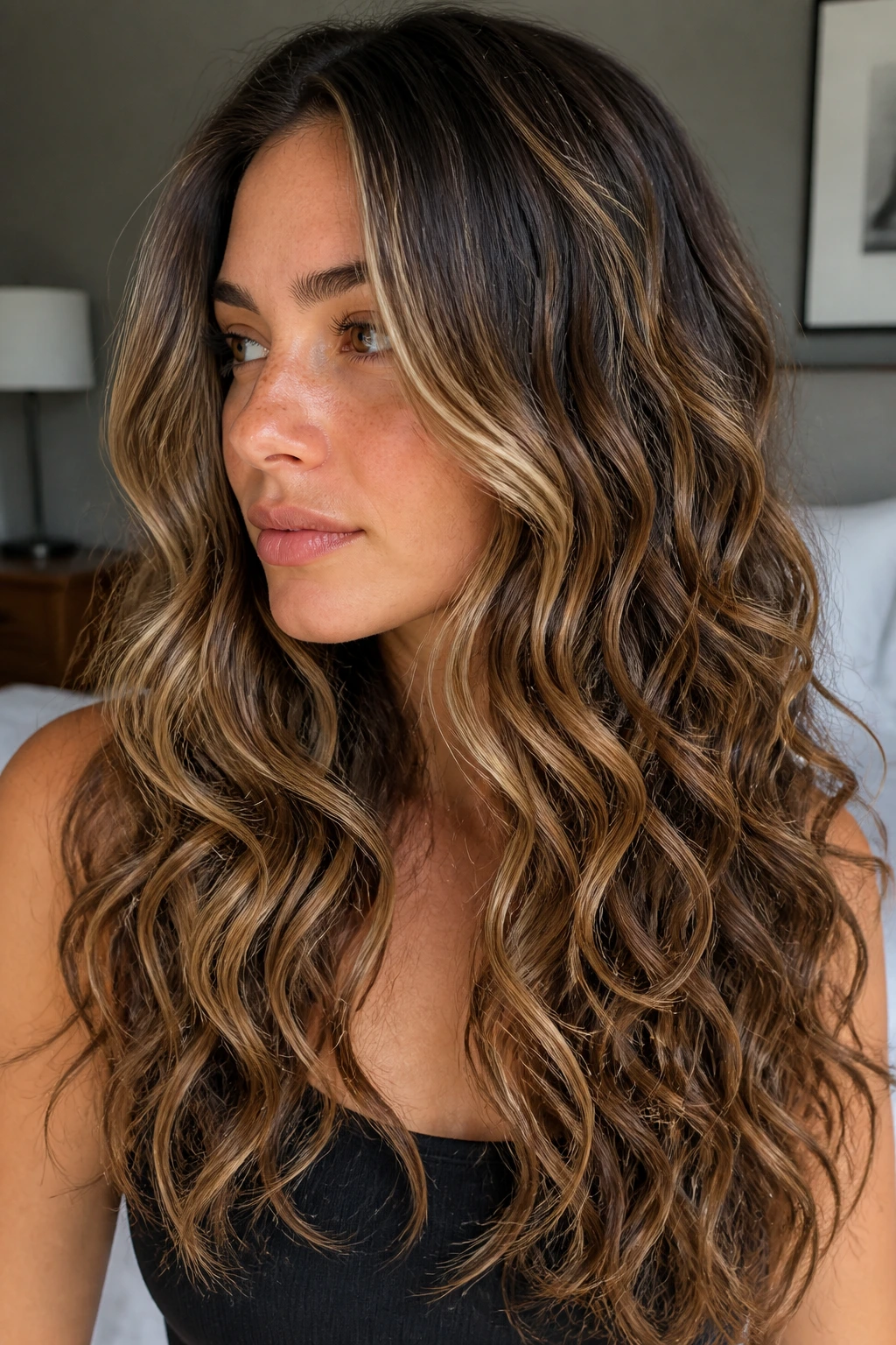 Brunette portrait showing mixed hair textures for styling variations