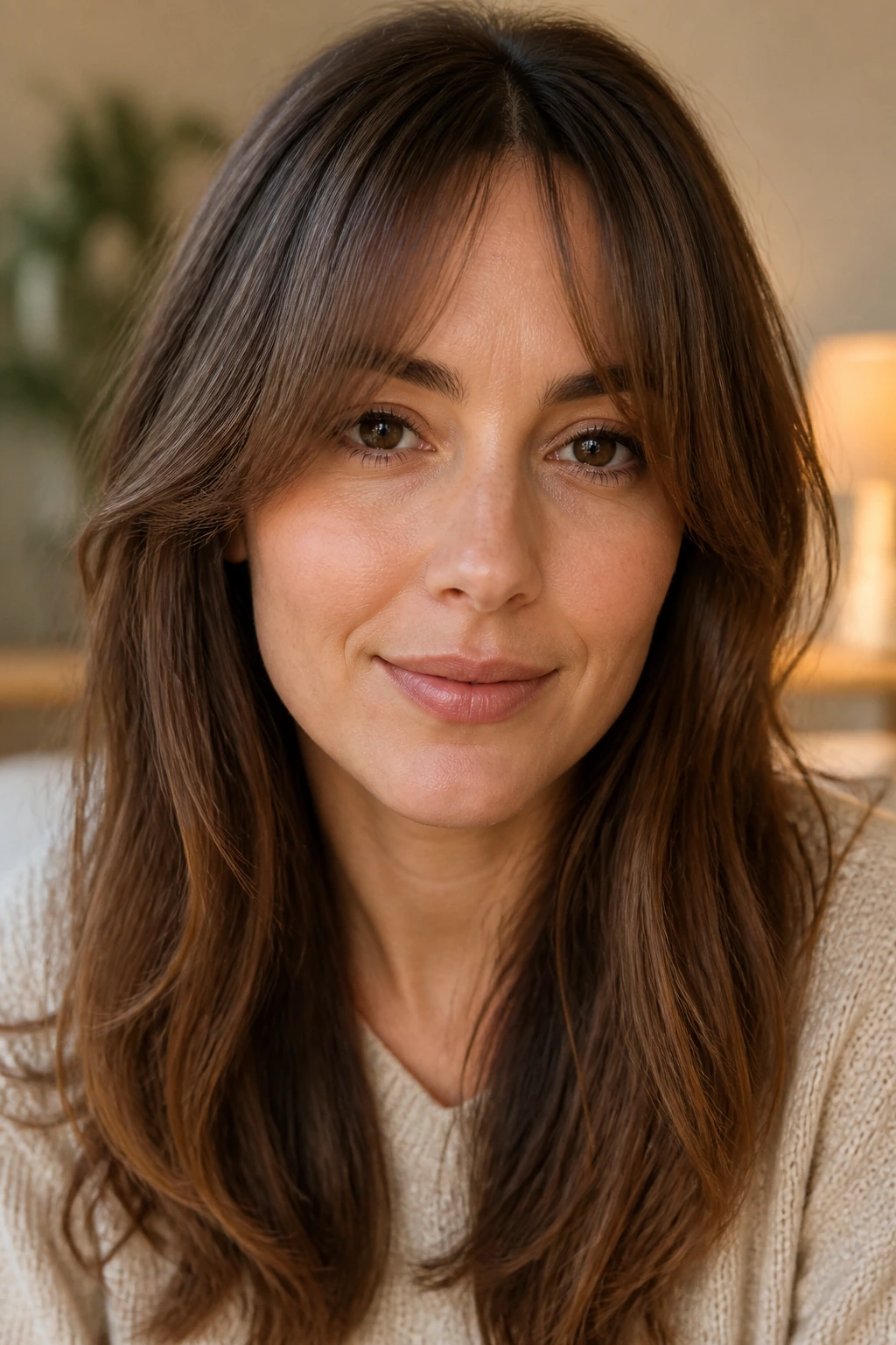 Portrait of a person with curtain bangs adapted to straight hair texture