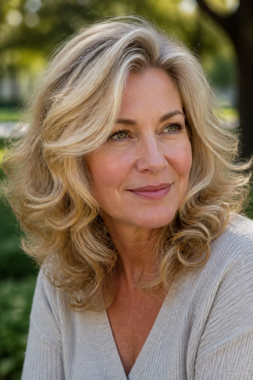 Portrait of a woman with hair showing curly ends and smooth crown for texture variation.