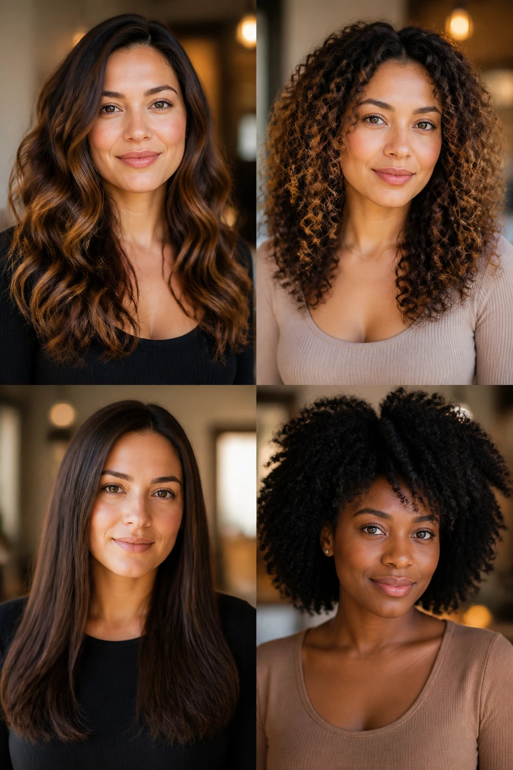 Portrait of a real woman with varied hair textures including waves and curls