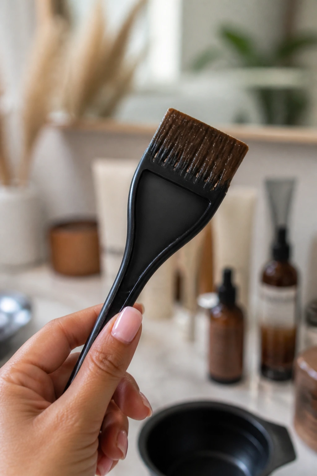 Close-up of a hair tint brush in a hand in a bathroom