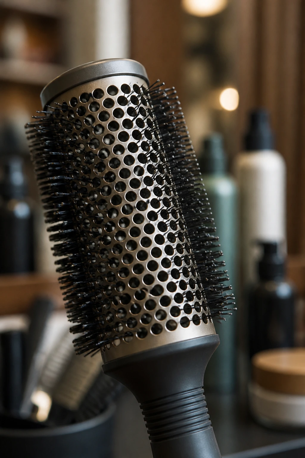 Close-up of a round hair brush in a salon setting