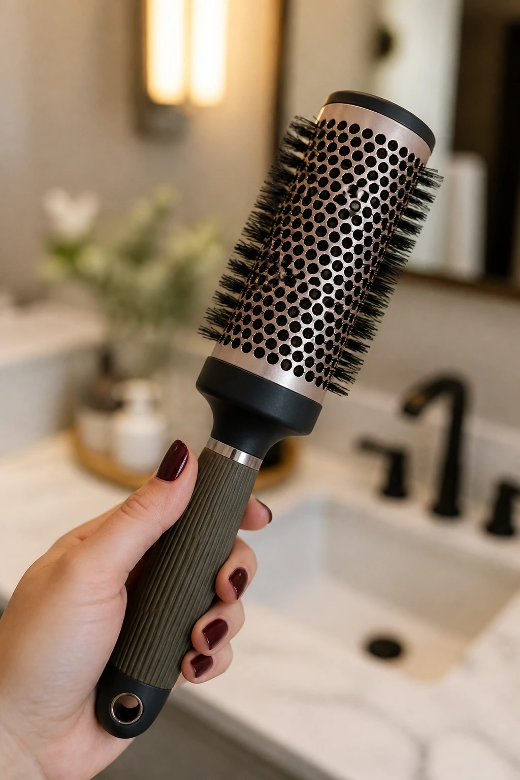 Close-up of a round hairbrush held in a hand