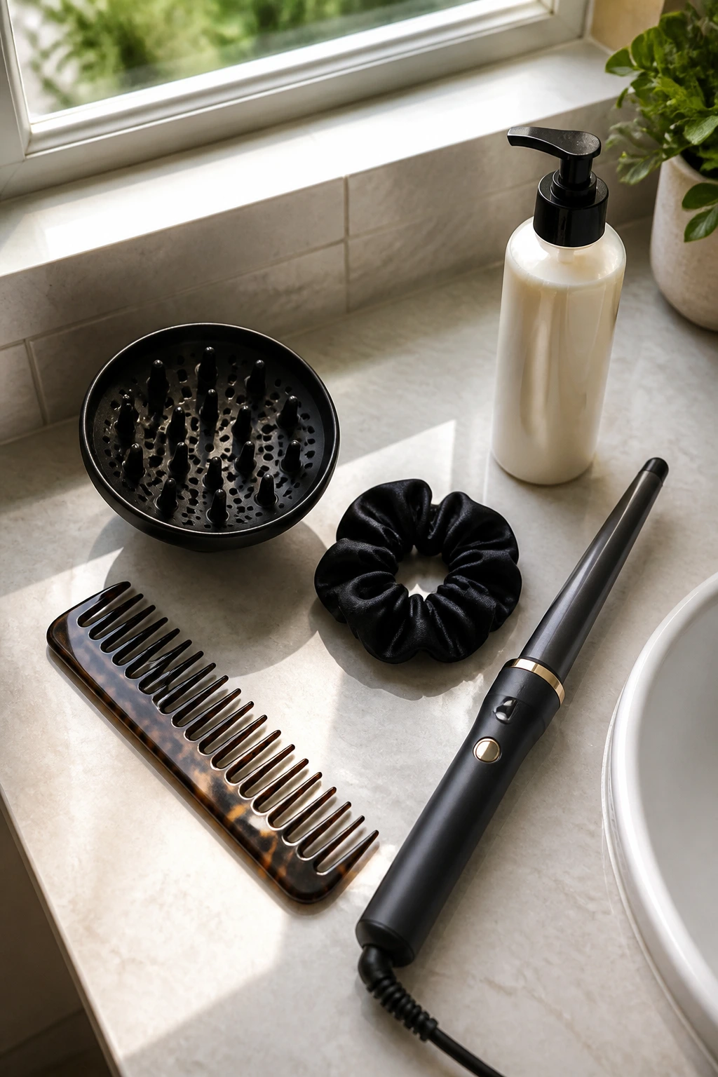 Essential 2C hair tools arranged on a bathroom counter.