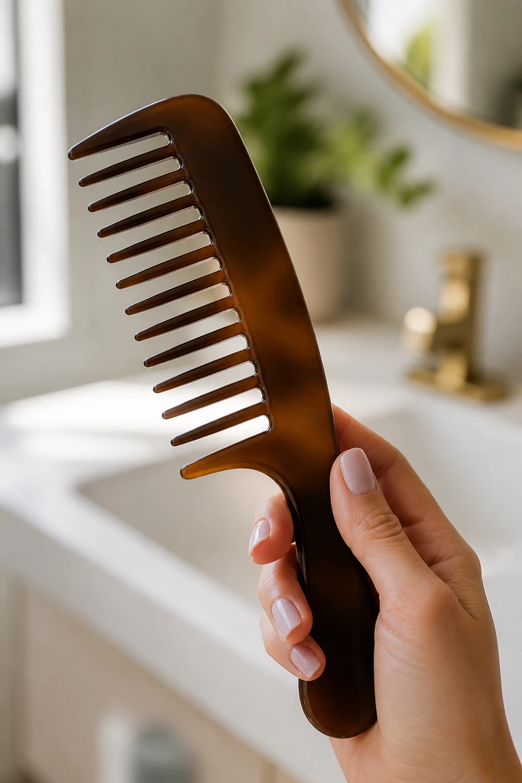 Close-up of wide-tooth comb in hand with blurred bathroom background