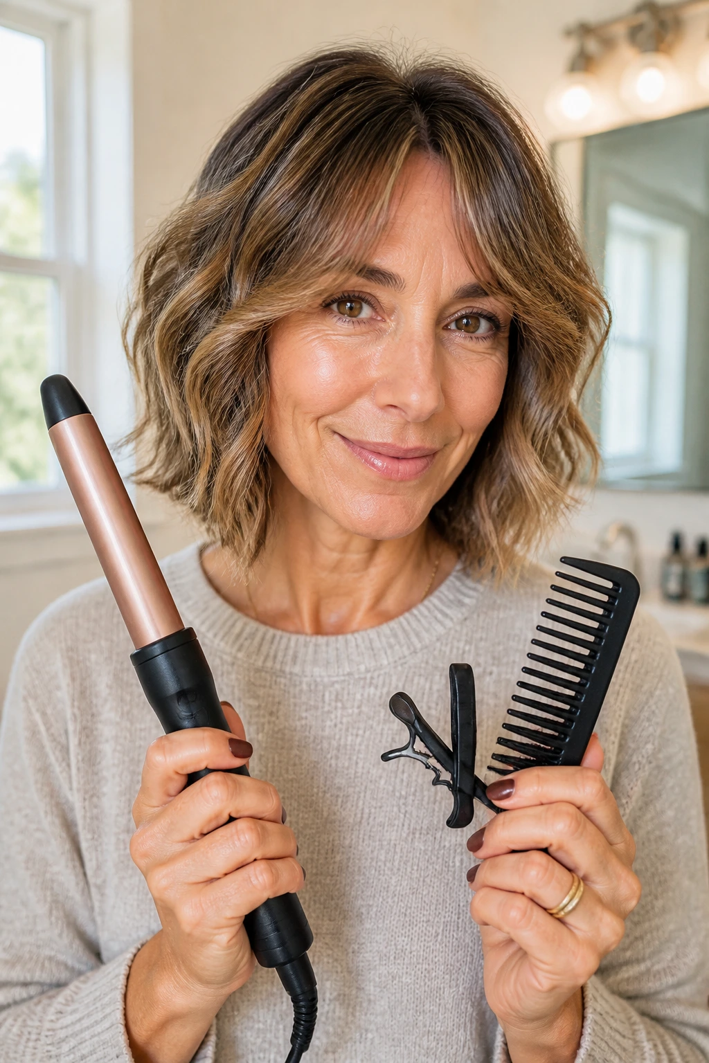 Portrait of a woman holding hair tools in a bright bathroom, illustrating essentials for styling a layered wavy bob