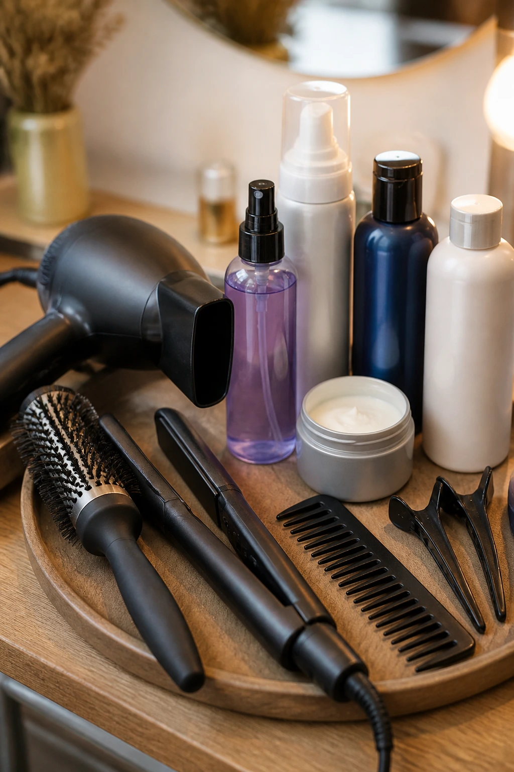 Close-up of unlabeled hair tools on a vanity tray for ash short styles