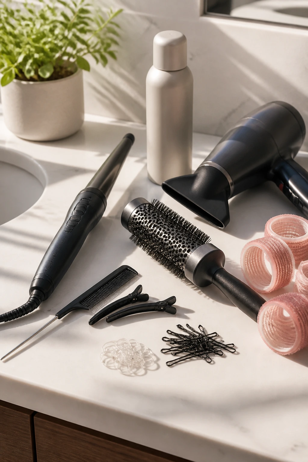 Still-life of essential hair tools on a bathroom counter
