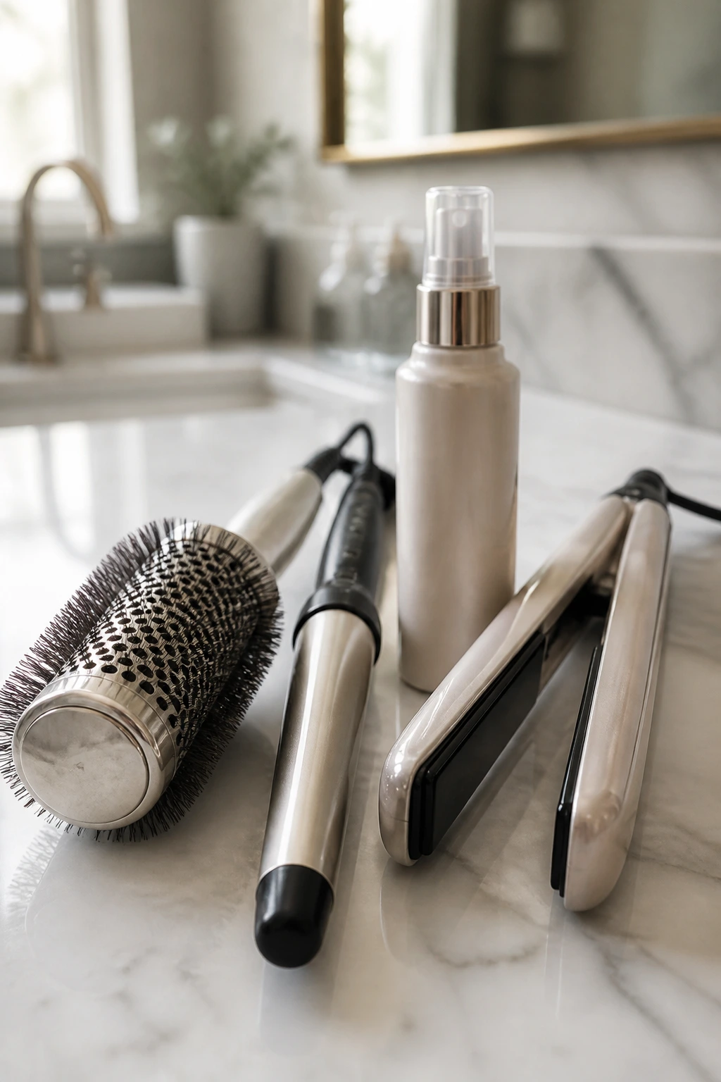 Close-up of professional hair tools for blonde styling on a bathroom counter