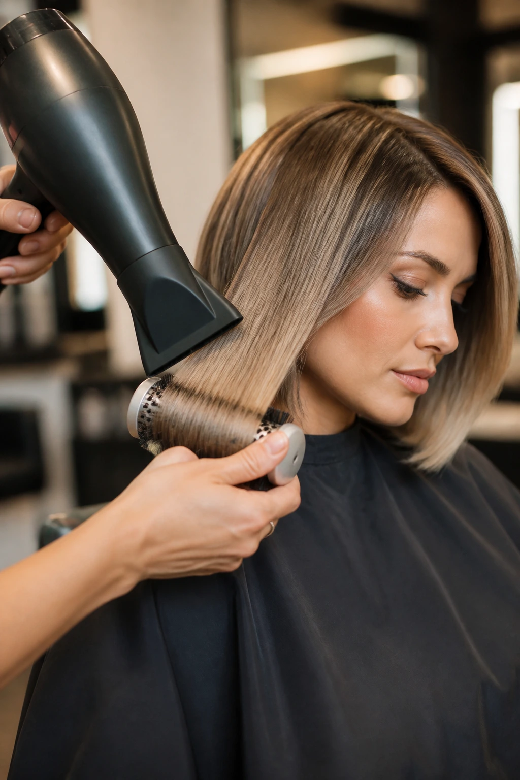 Portrait of person styling hair with a blow dryer and round brush
