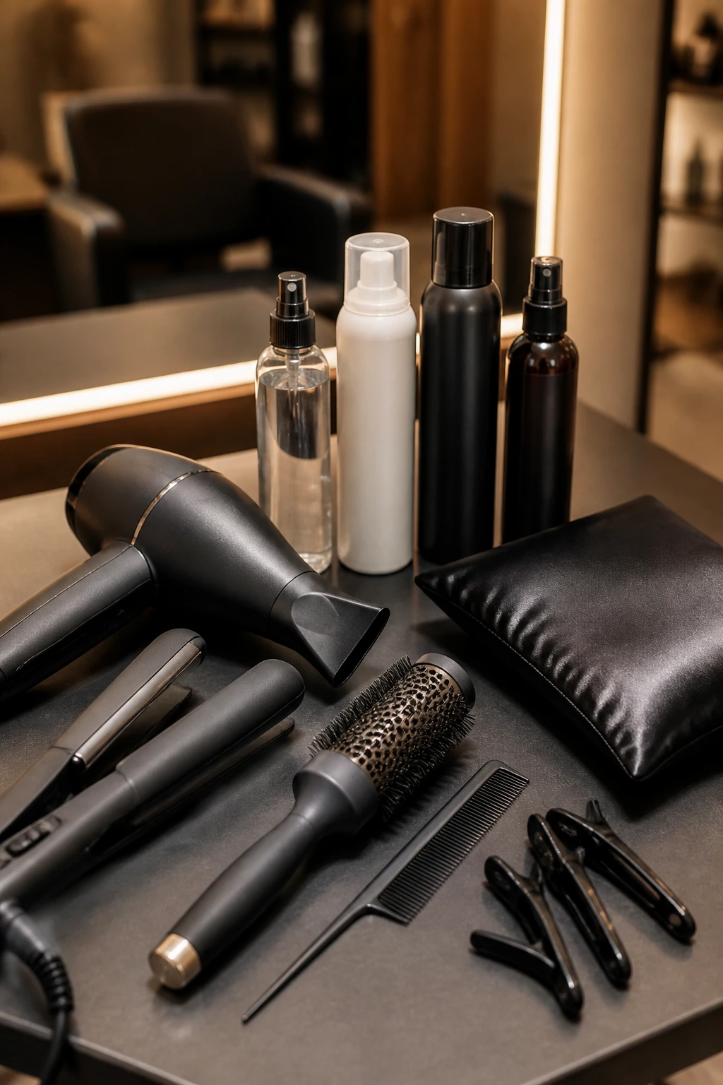 Arrangement of essential hair tools on a salon station for straight-hair maintenance