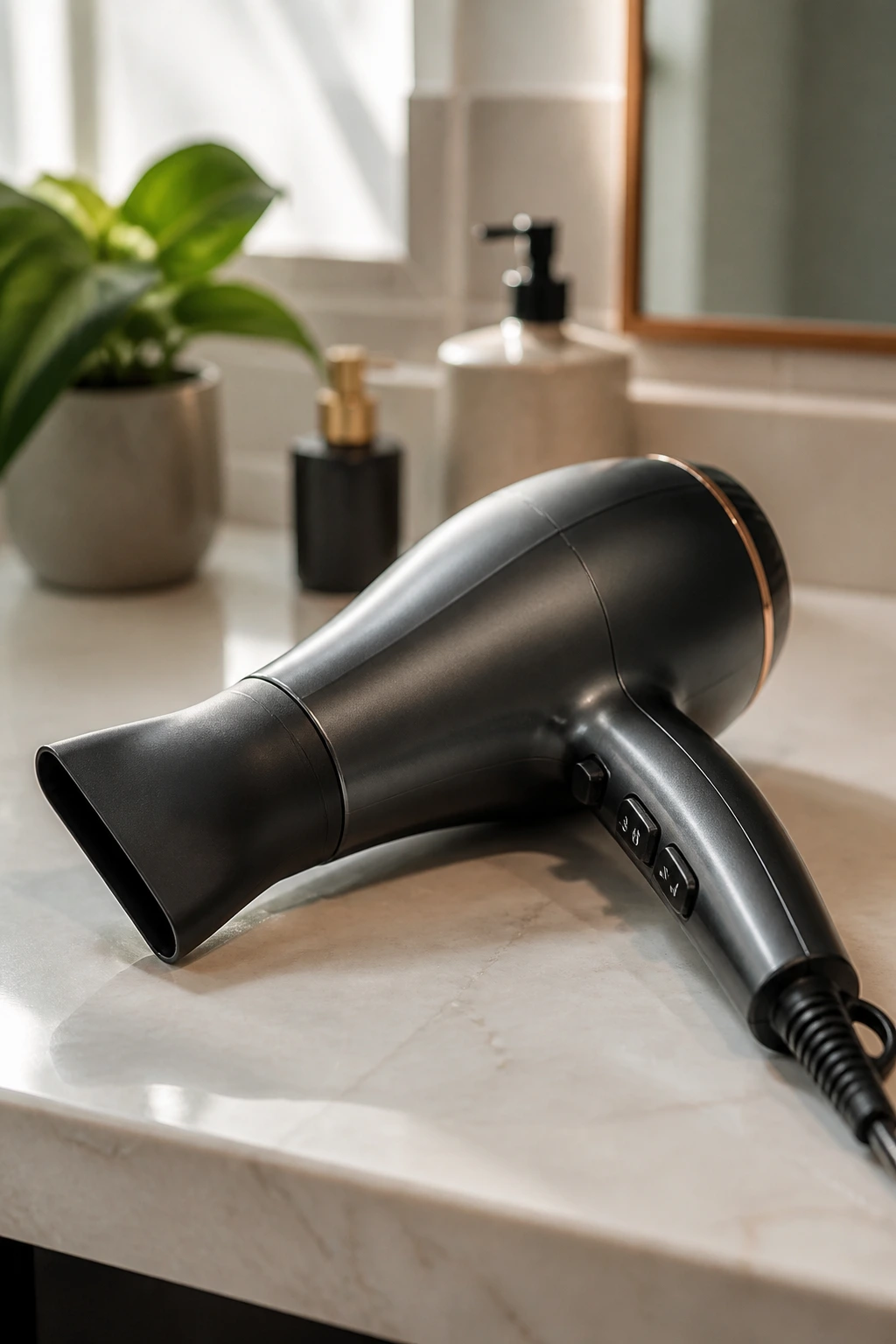 Close-up of a blow dryer with nozzle on a bathroom counter as a home styling tool