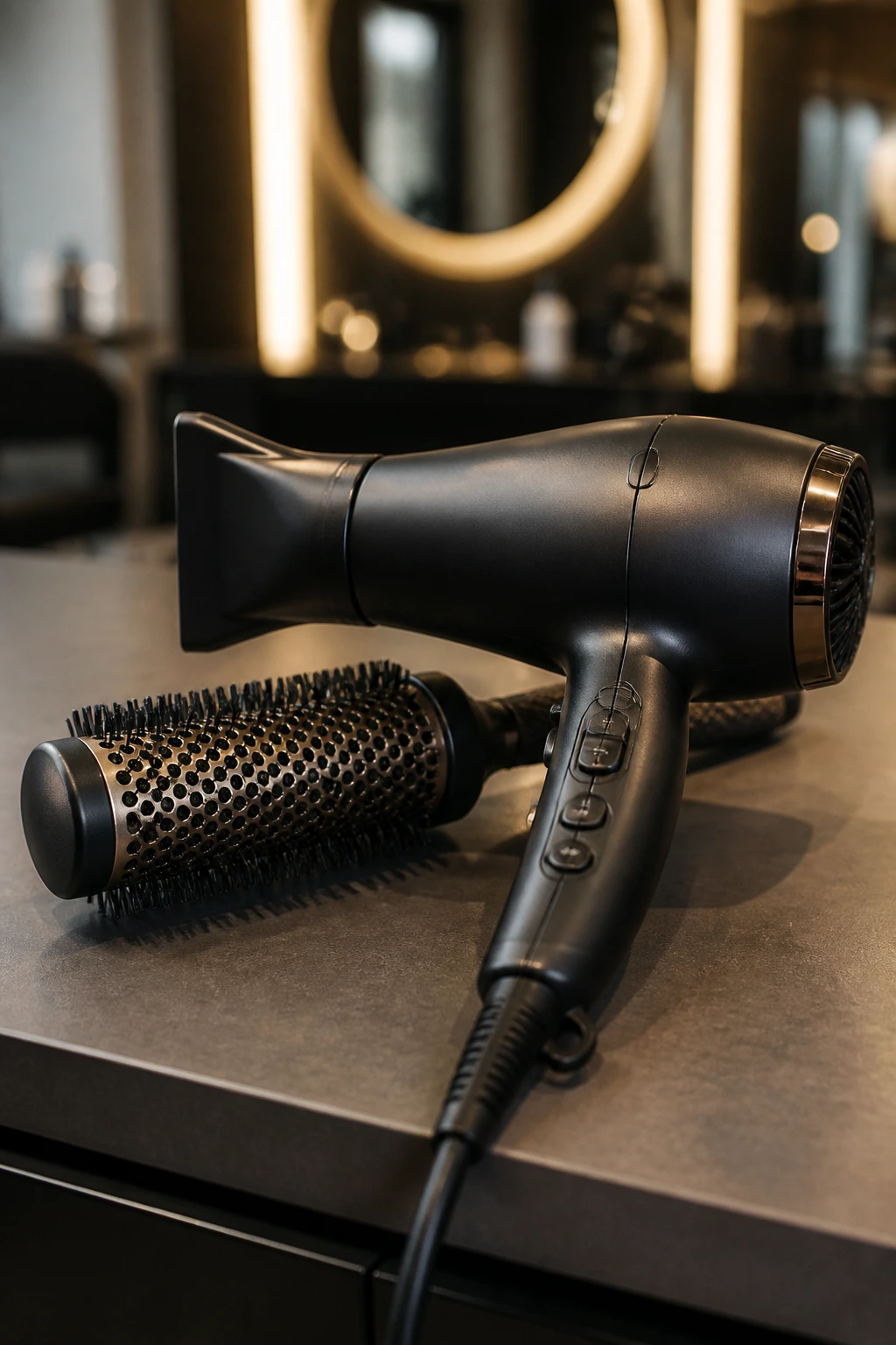 Close-up of hair styling tools arranged on a salon counter.
