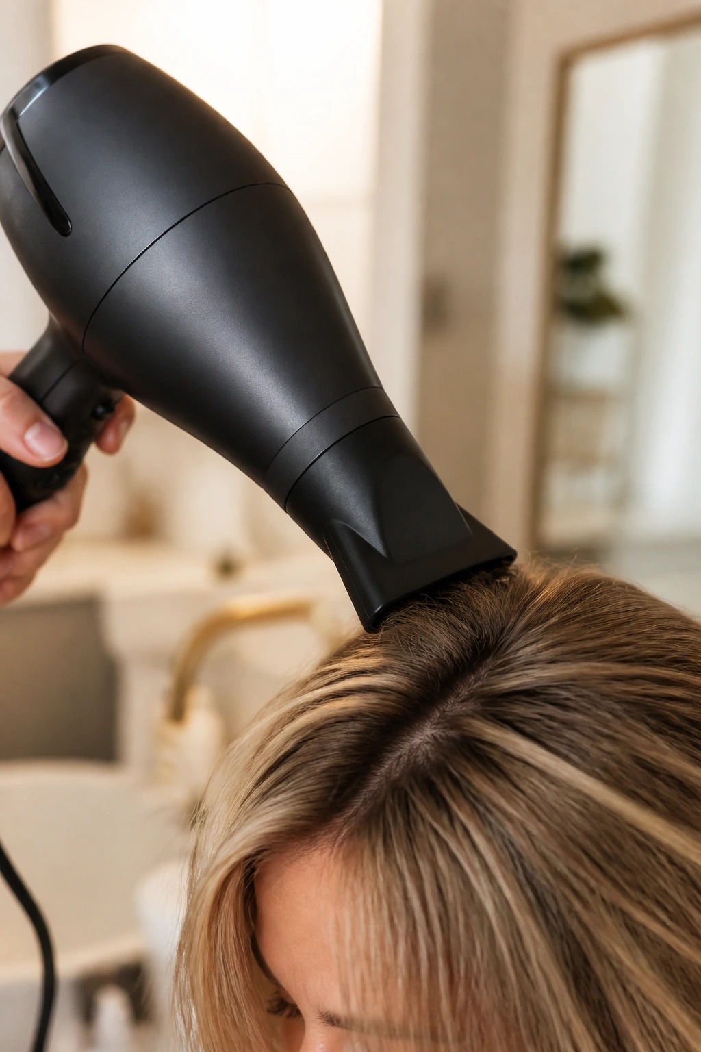 Close-up of a narrow-nozzle blow dryer used for home hair styling