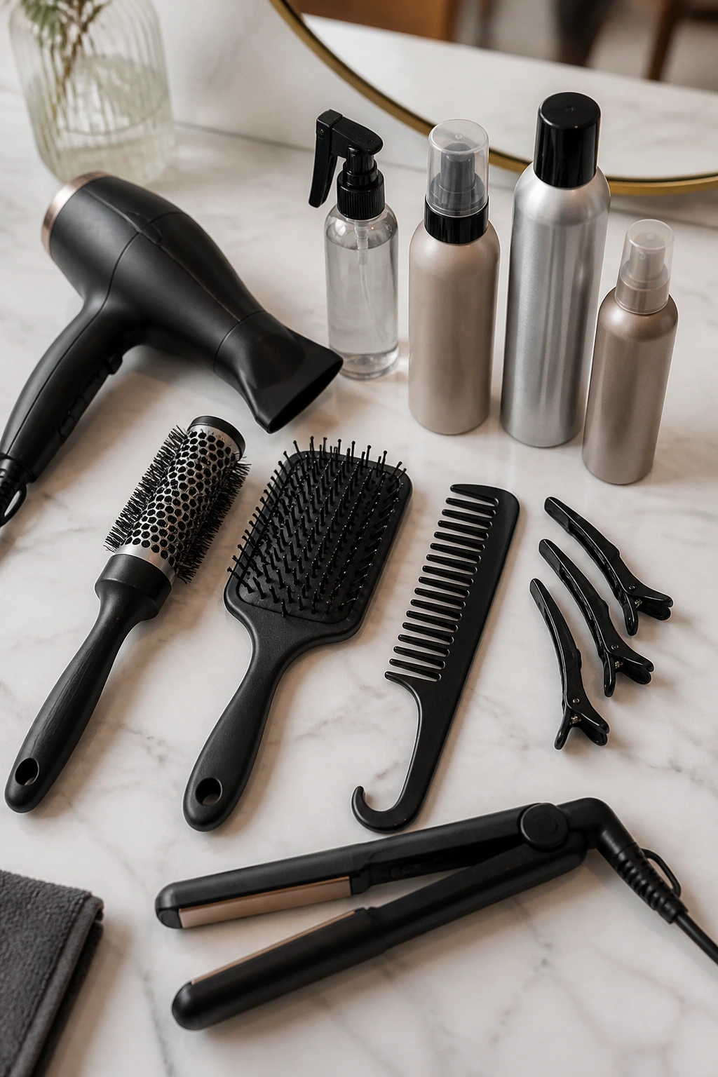 Top-down view of professional hair tools for bobs arranged on a workspace.