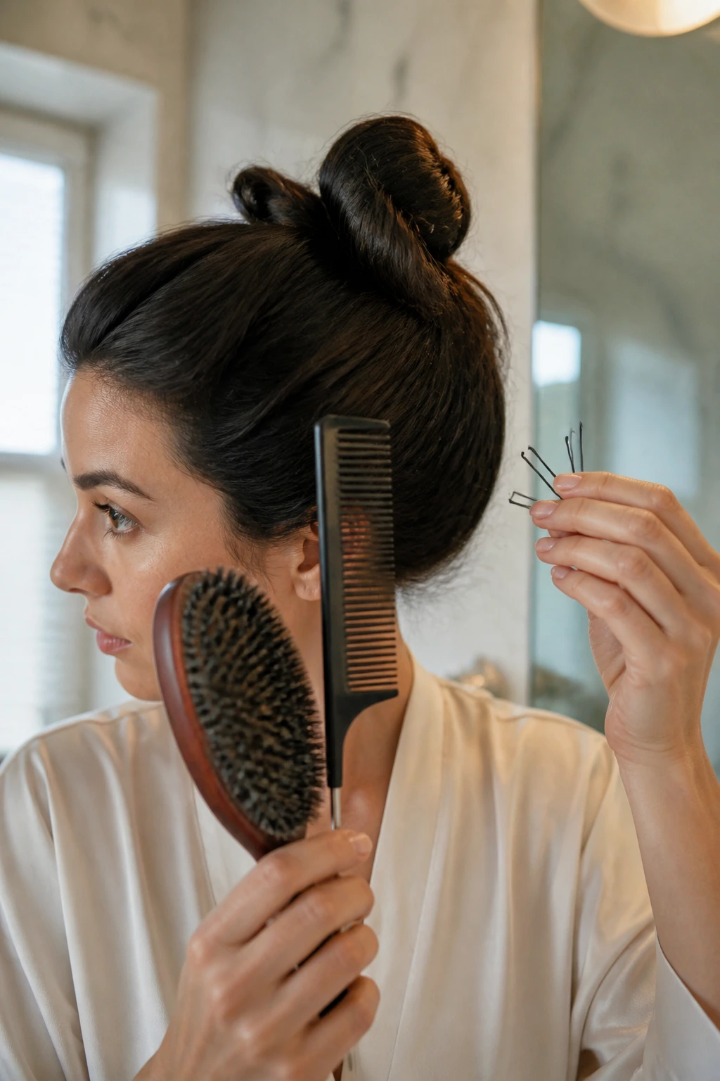 Real person holding hair tools while styling in a bathroom vanity.
