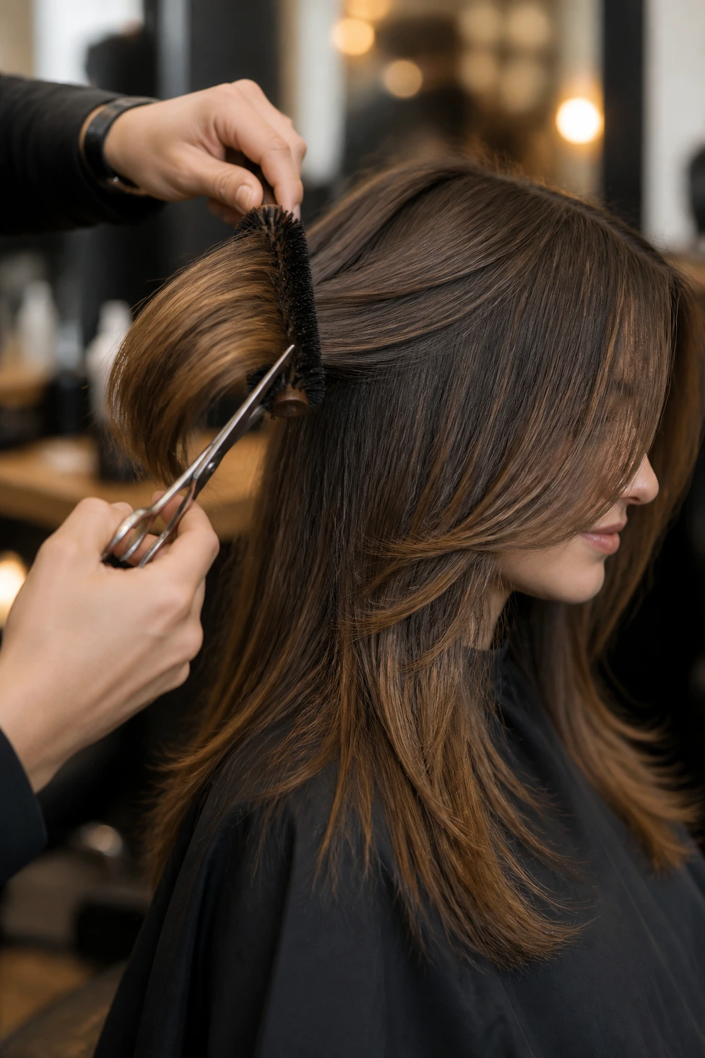 Hands using scissors and round brush on butterfly layers during a salon session.