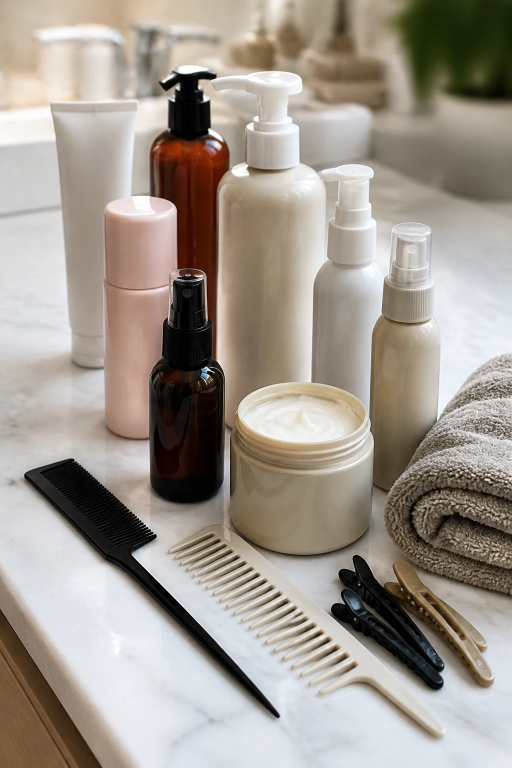 Top-down view of hair tools and unlabeled bottles on a marble counter
