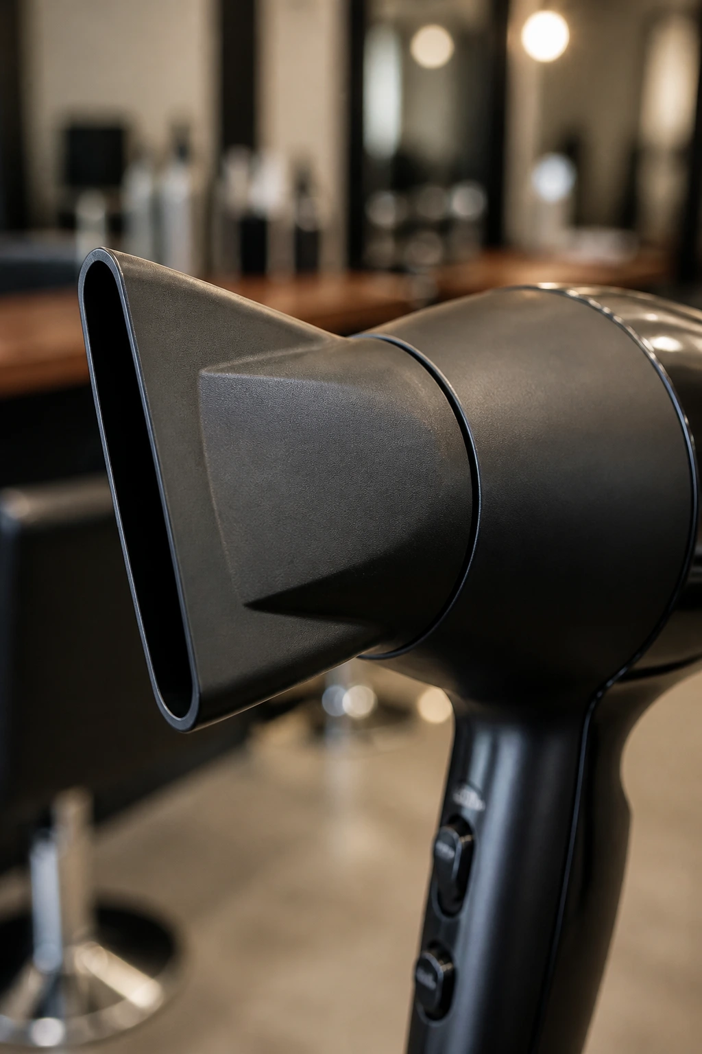 Macro close-up of a professional blow dryer nozzle in a salon setting