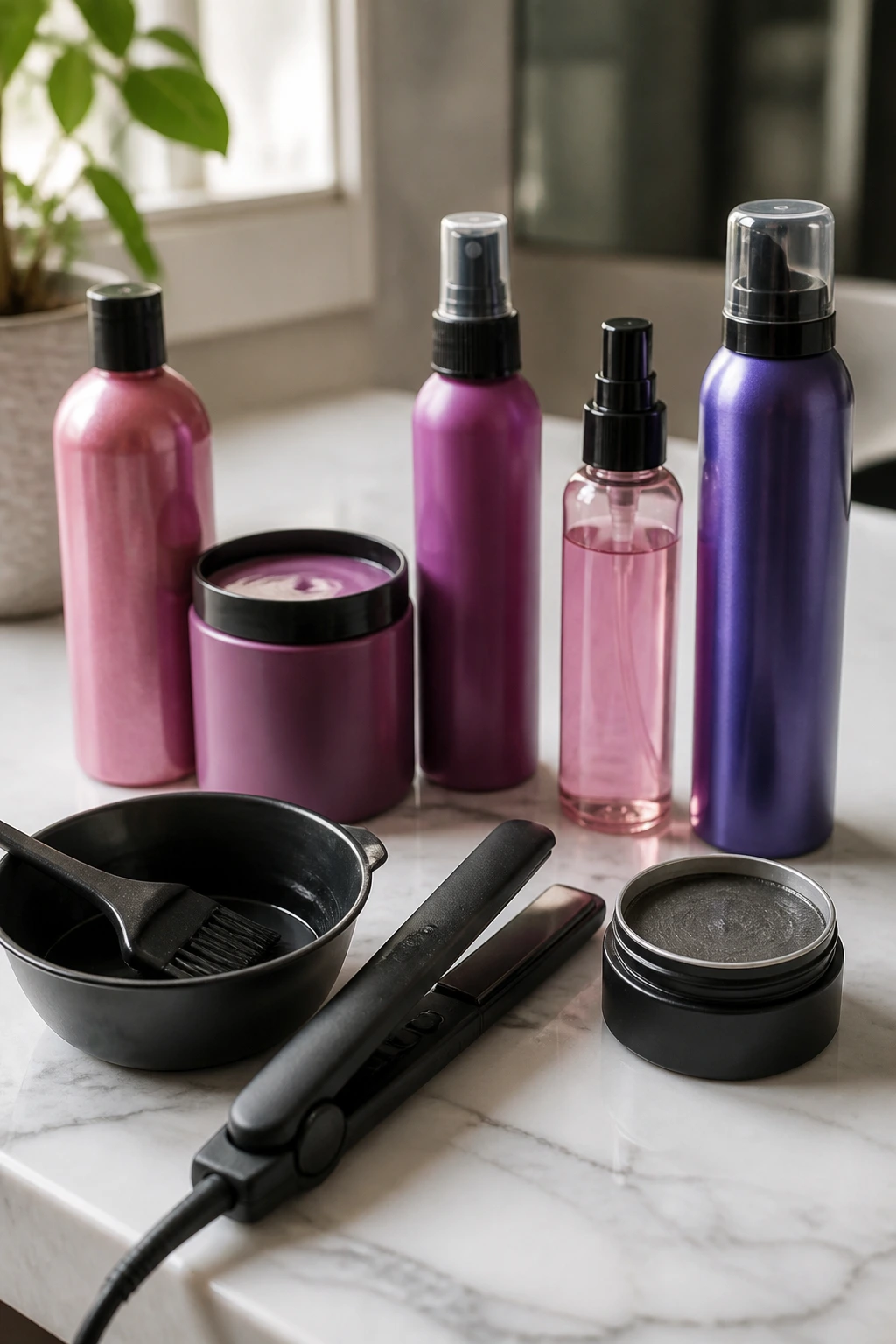 Close-up of unlabeled hair tools and color products arranged on a counter.