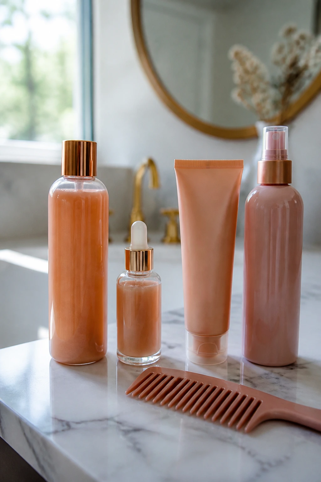 Close-up of hair care bottles and a comb on a bathroom vanity