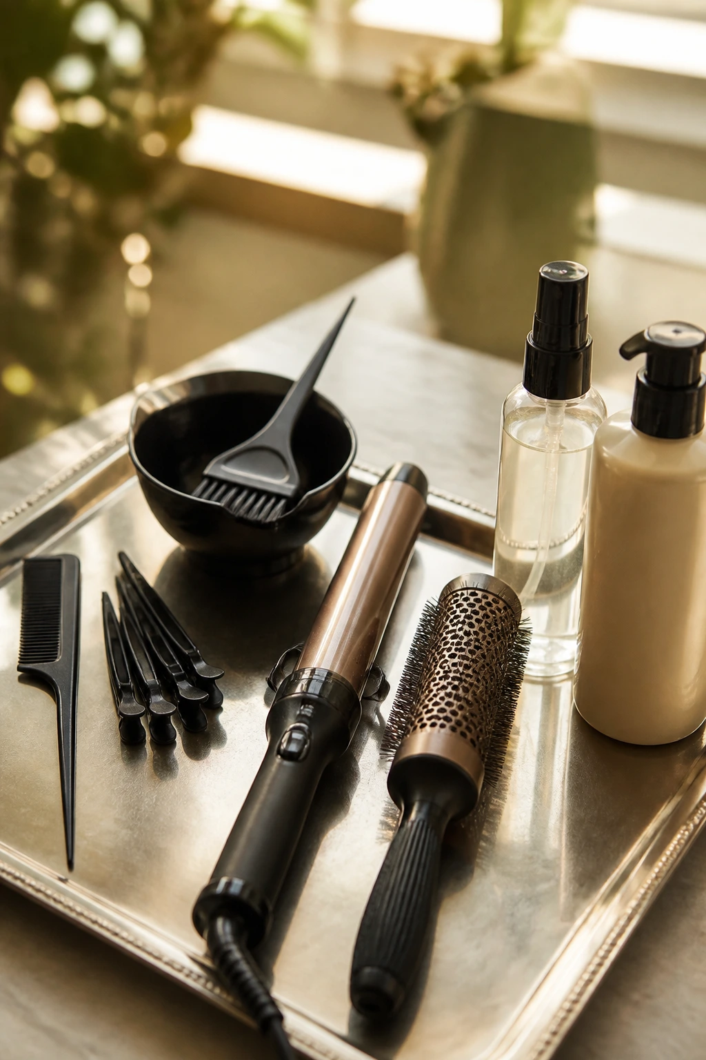 Close-up of assorted hair tools on a vanity to illustrate color and styling tools