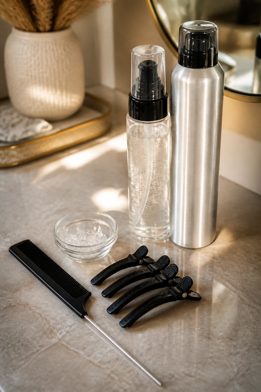 Close-up of hair tools including combs, clips, elastics and mousse on a vanity